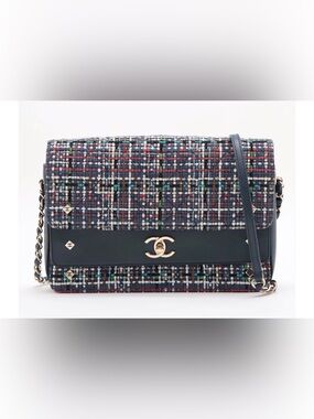 CHANEL Multicolor Tweed Crossbody with Navy Leather and Gold CC, 2021